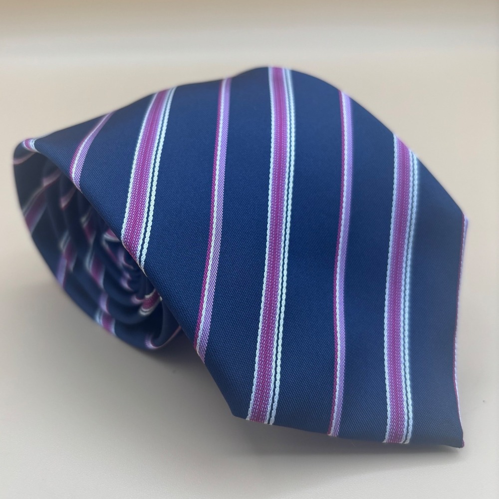 Hugo Boss Silk Tie Mens OS Navy Blue Magenta Striped Excellent CorporateCore